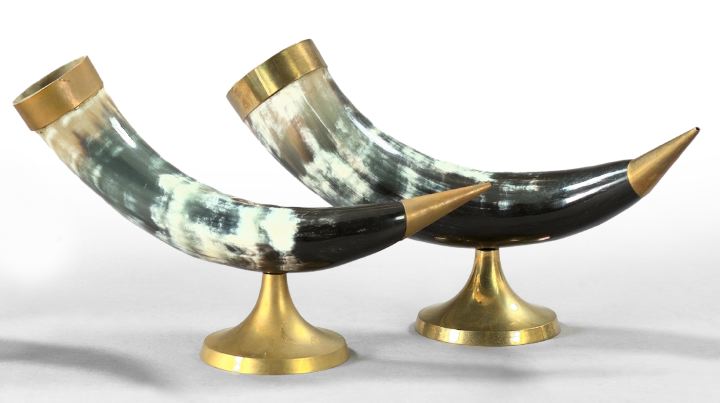 Appraisal: Near-Pair of Continental Brass-Mounted Black White and Gray Horn Drinking