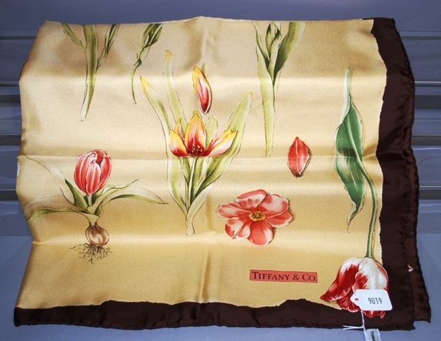 Appraisal: Tiffany Co brown gold silk scarf with flower garden design