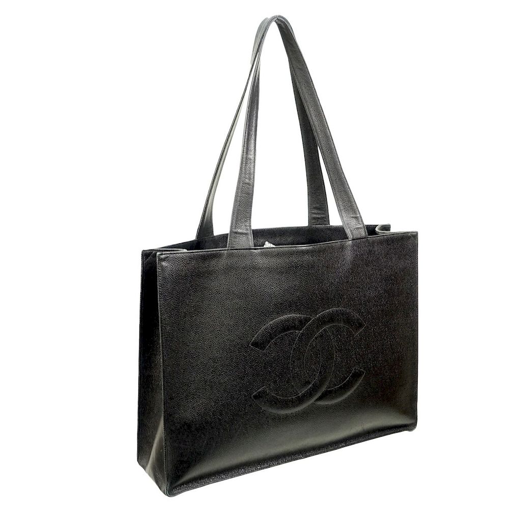 Appraisal: Chanel Tote Chanel Black Leather Vintage Large Tote With Front