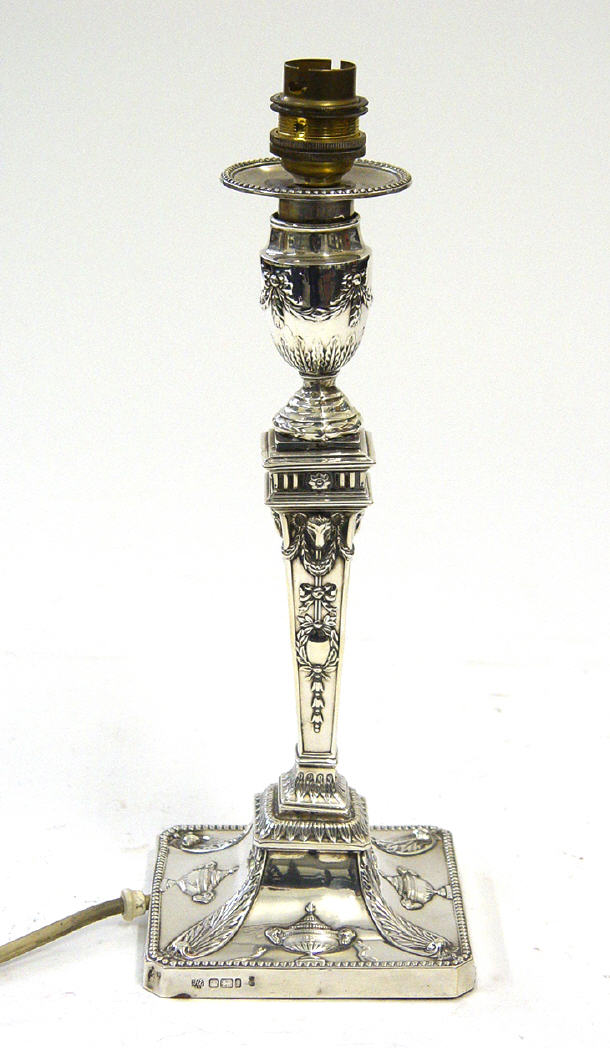 Appraisal: Square based Edwardian silver lamp base with urn and swag