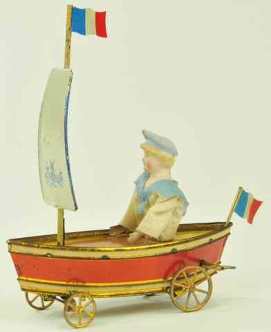 Appraisal: ISSMAYER BOXED CLOCKWORK SAIL BOAT Germany whimsical toy depicts seated