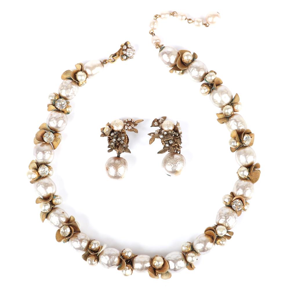 Appraisal: MIRIAM HASKELL BAROQUE PEARL NECKLACE WITH LARGE RHINESTONE AND BRASS