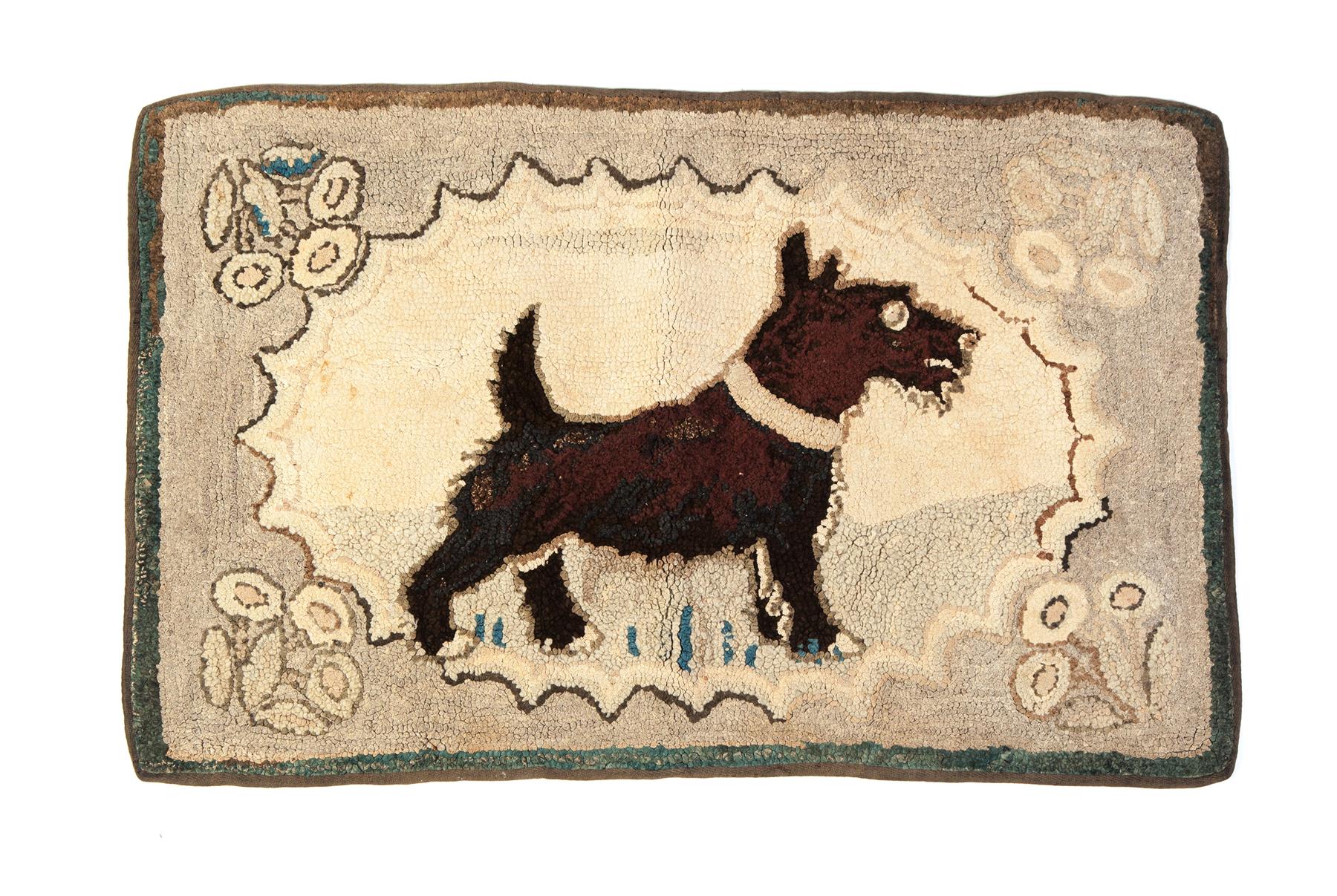 Appraisal: HOOKED RUG American th century Floral border with small dog