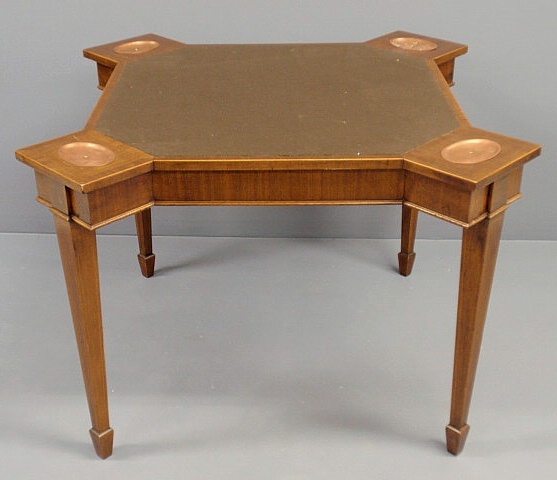 Appraisal: Mahogany card table with four oval copper inserts signed Winspun