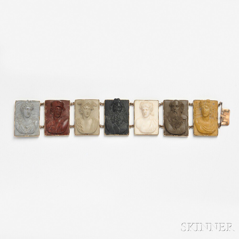 Appraisal: Roman Mythological Lava Cameo Bracelet composed of seven polychrome rectangular