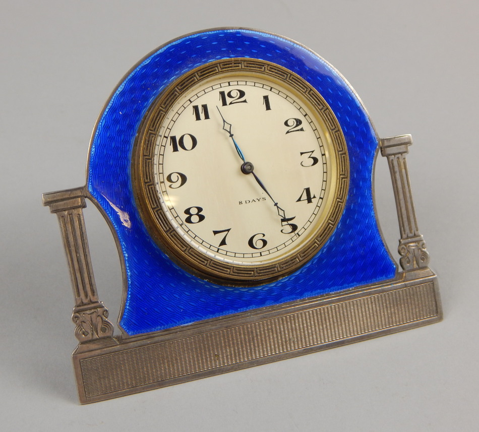 Appraisal: A George V silver and blue enamelled Boudoir clock by