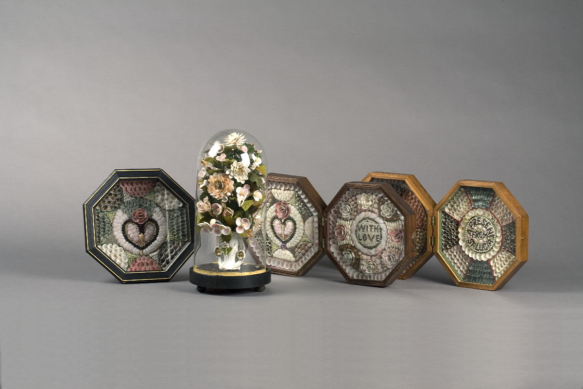 Appraisal: SAILOR'S SHELLWORK FLORAL ARRANGEMENT ENCLOSED IN A GLASS DUST DOME