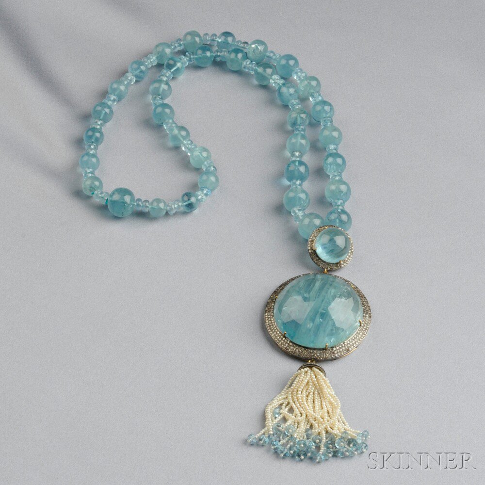 Appraisal: Aquamarine Necklace set with faceted and cabochon aquamarines within single-cut