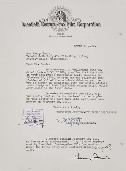 Appraisal: HENRY FONDA Typed letter signed by Fonda agreeing to the