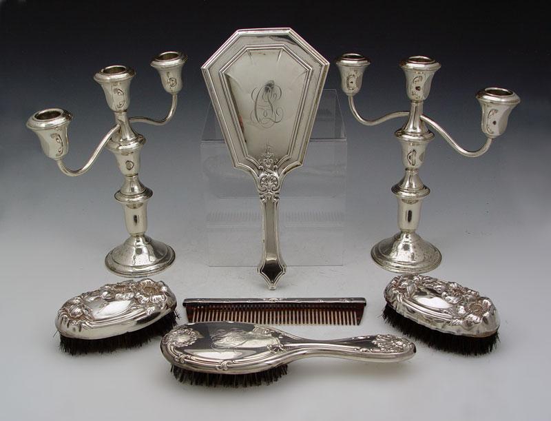 Appraisal: PIECE STERLING VANITY ITEMS PAIR LIGHT CANDELABRA To include Pair