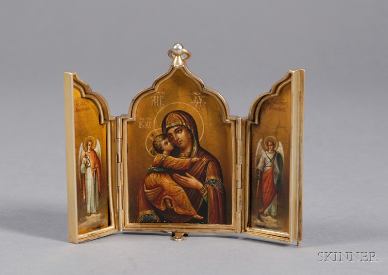 Appraisal: Russian Gold-washed Silver Triptych Travel Icon Moscow - maker's mark