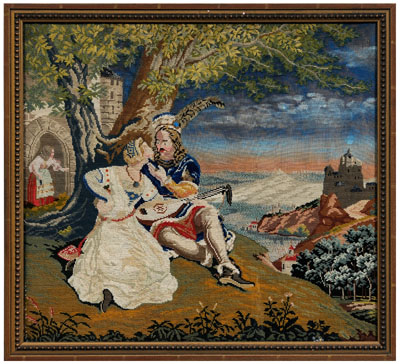 Appraisal: Needlework courting scene couple in elegant attire sitting beneath a