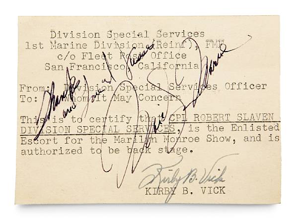 Appraisal: A Marilyn Monroe signed card from her time in Korea