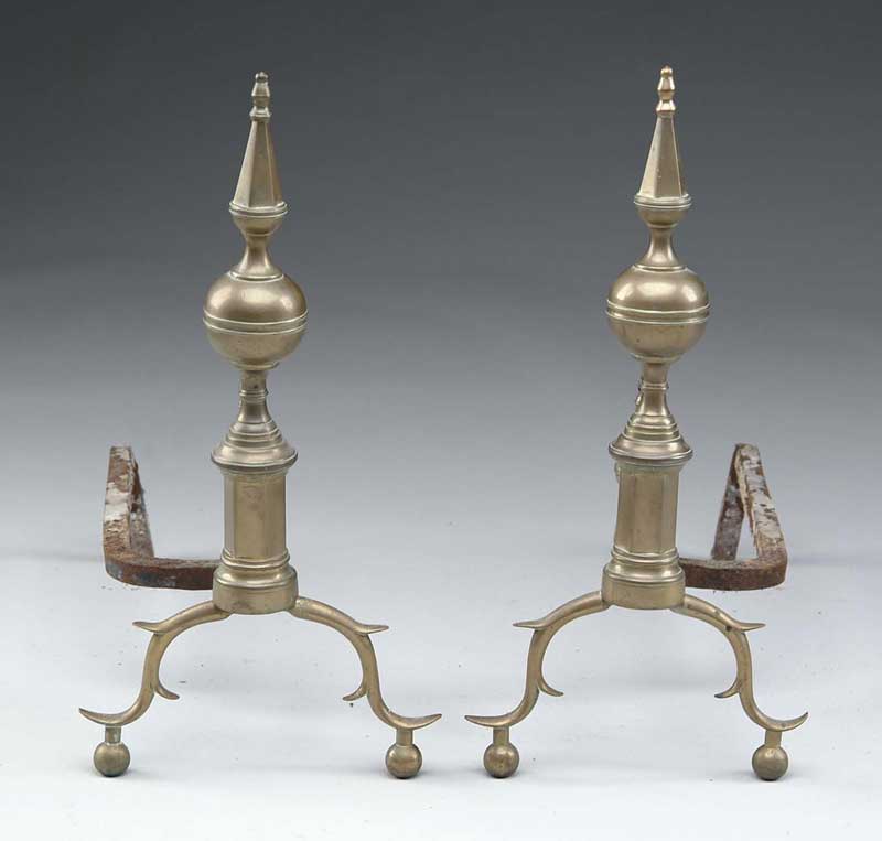 Appraisal: GOOD PAIR OF BRASS STEEPLE TOP ANTIQUE ANDIRONS Matching log