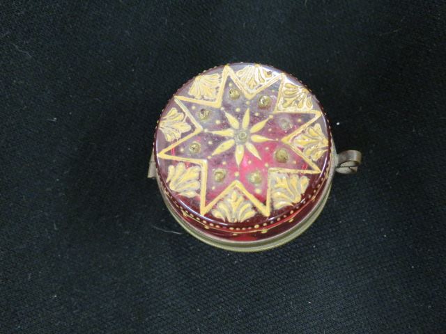 Appraisal: Moser Enameled Cranberry Art Glass Box patch size diameter unsigned