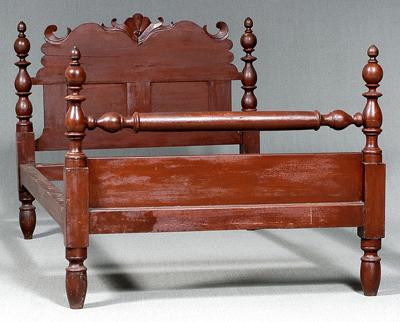 Appraisal: Late Federal red painted rope bed turned posts carved headboard