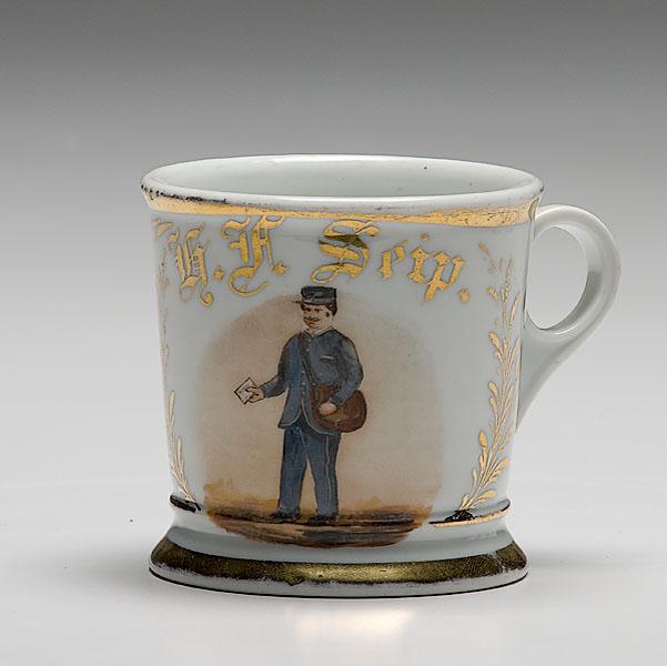 Appraisal: MAIL CARRIER'S OCCUPATIONAL SHAVING MUG porcelain with polychrome painted scene