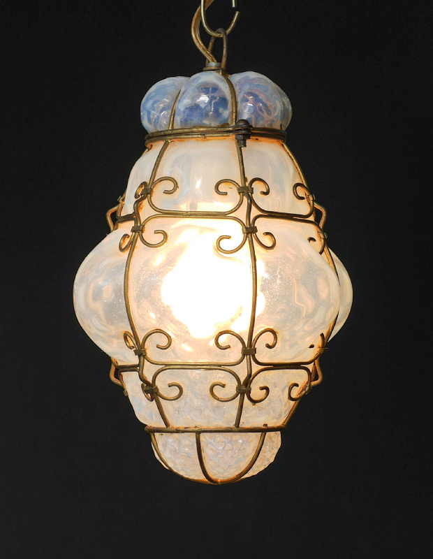 Appraisal: OPALESCENT GLASS HANGING LAMP Molded opalescent glass body with brass