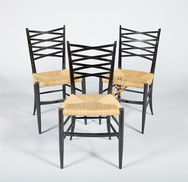 Appraisal: Set of Three Black Painted Side Chairs With rush seats