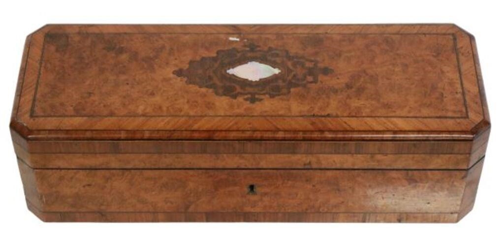 Appraisal: French Napoleon III period burlwood glove box lock engraved Tahan