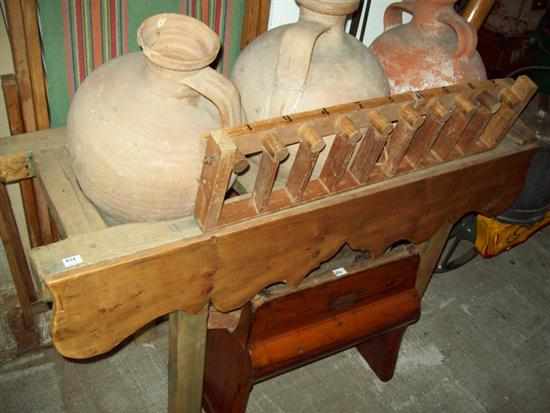 Appraisal: THREE TERRACOTTA TWO HANDLED URNS IN STAND PLUS A WOODEN