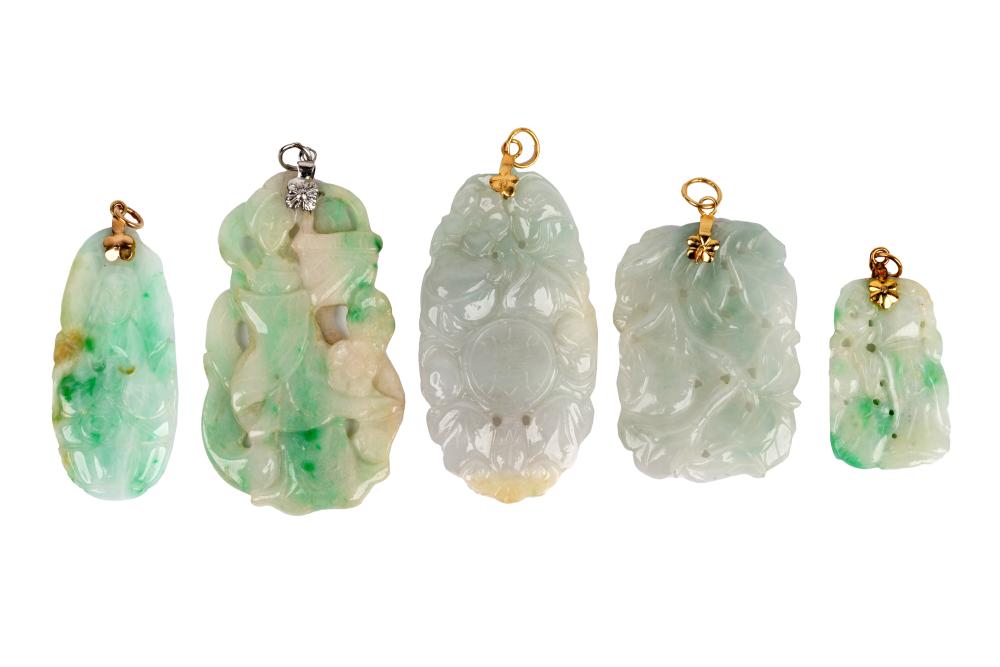 Appraisal: LOT OF FIVE CARVED JADE PENDANTScomprising five carved and dyed