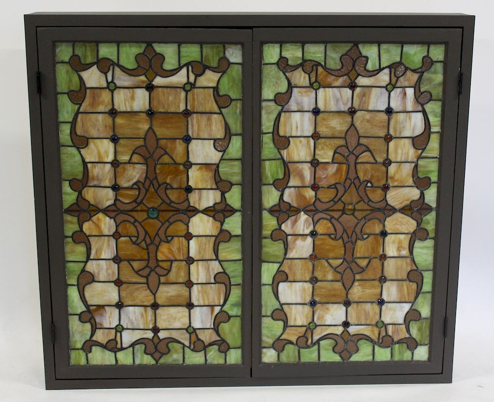 Appraisal: Pair of Antique Tiffany Style Leaded Glass Windows Nicely framed