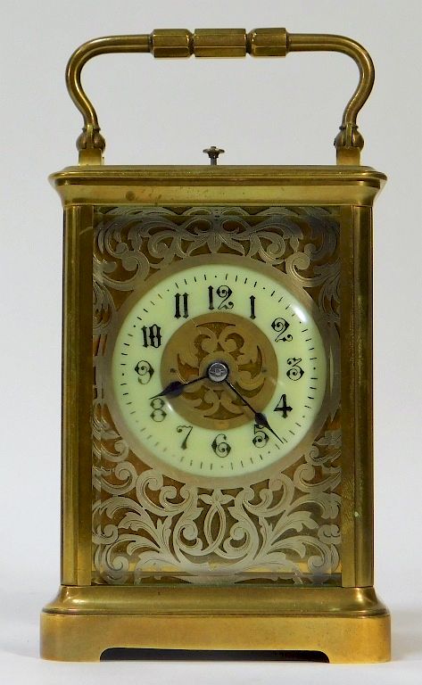 Appraisal: French Brass Silvered Repeater Carriage Clock France Circa Enameled Arabic