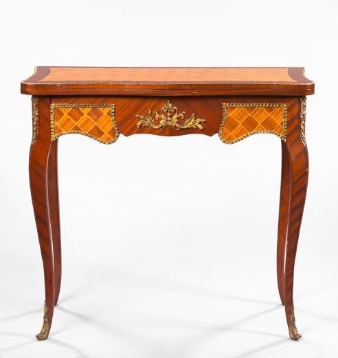 Appraisal: Louis XV-Style Brass-Mounted and Parquetry-Inlaid Mahogany Games Table the fold-over