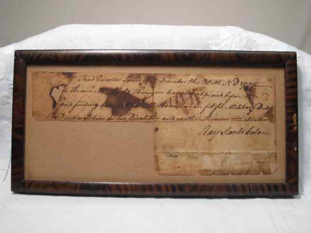 Appraisal: Revolutionary war original letter of discharge Framed and under glass