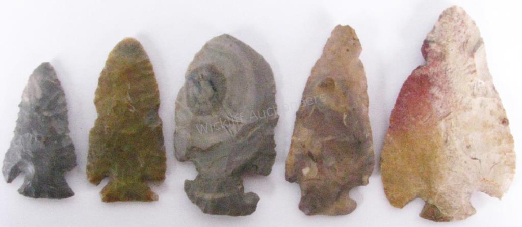 Appraisal: Five Indiana Arrowheads Thebes Lost Lake Big Sandy Godar Snyder