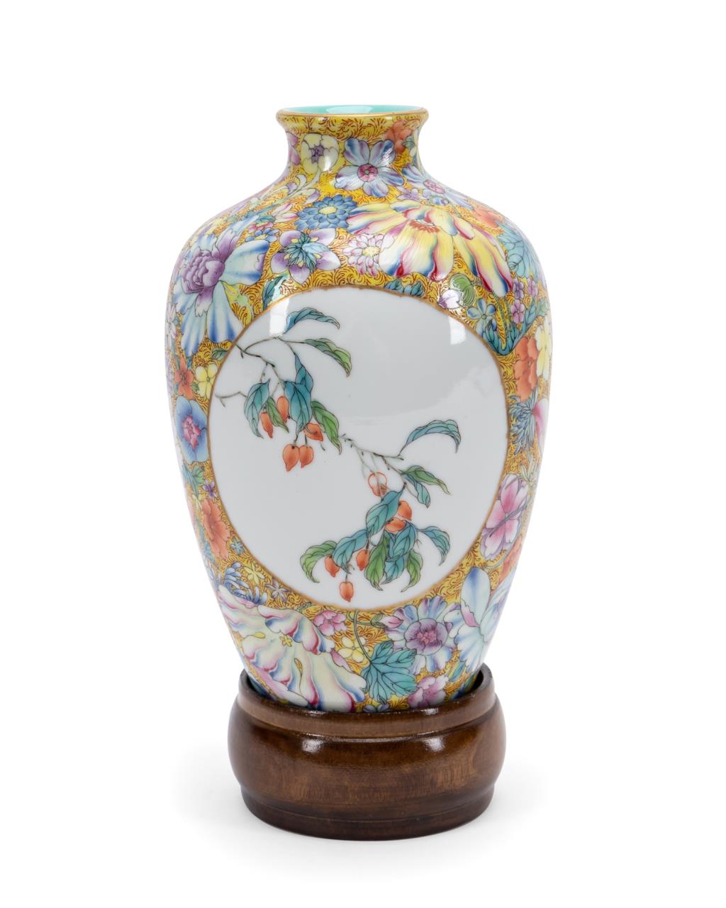 Appraisal: CHINESE FLOWERS VASE ON WOODEN STAND Chinese flowers vase on