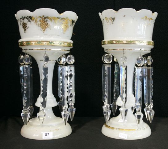 Appraisal: A pair of milk glass lustres with gilded accents cms