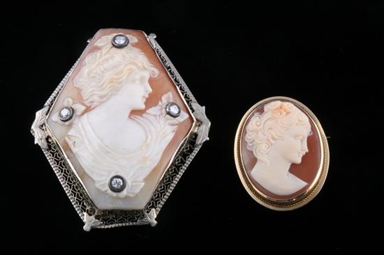 Appraisal: TWO K GOLD MOUNTED CARVED SHELL PORTRAIT CAMEO PINS One