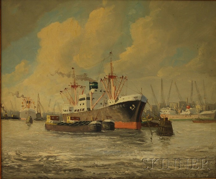 Appraisal: American School th Century Freighters in the Harbor Signed or