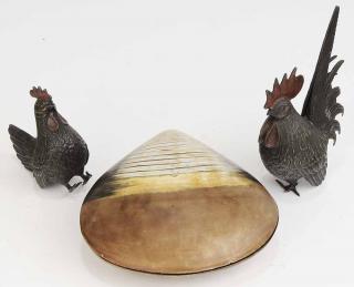 Appraisal: Three Japanese Decorative Objects bronze figures of rooster and chicken