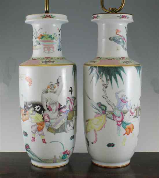 Appraisal: A pair of Chinese famille rose rouleau vases early mid