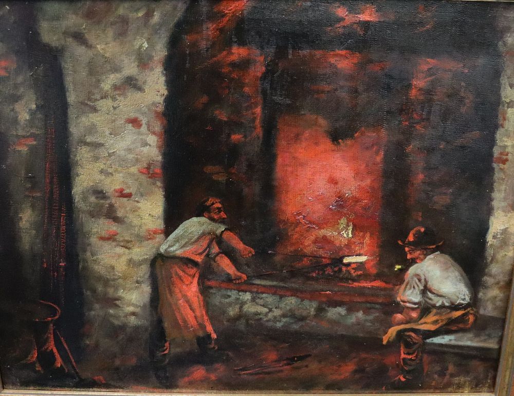 Appraisal: UNSIGNED OIL ON CANVAS MEN WORKING WITH FIRE From a