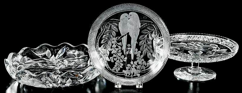 Appraisal: Three Pieces Cut Glass Hawkes Libbey Lovebirds plate Libbey mark