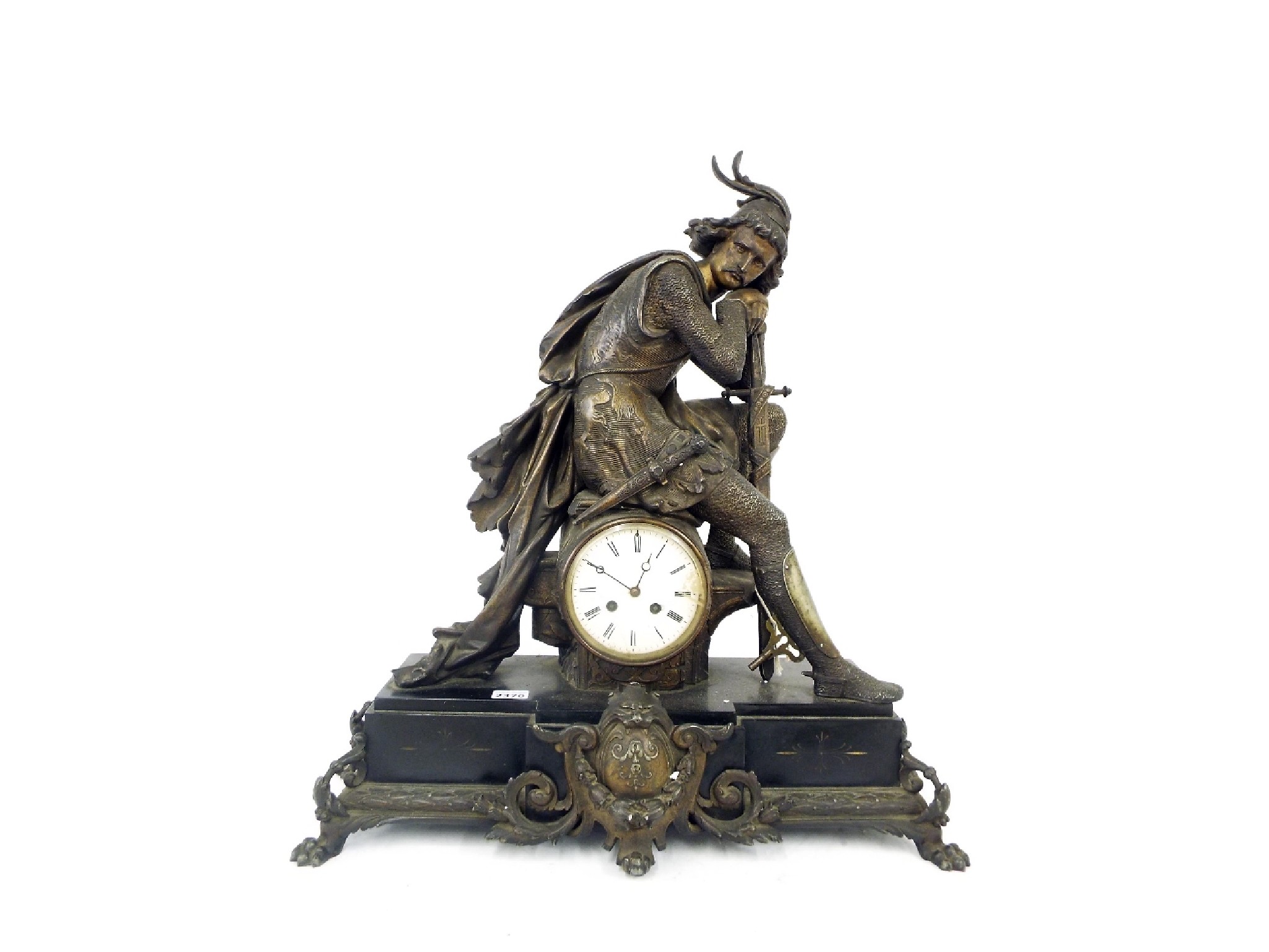 Appraisal: Black slate and spelter figural two train mantel clock the