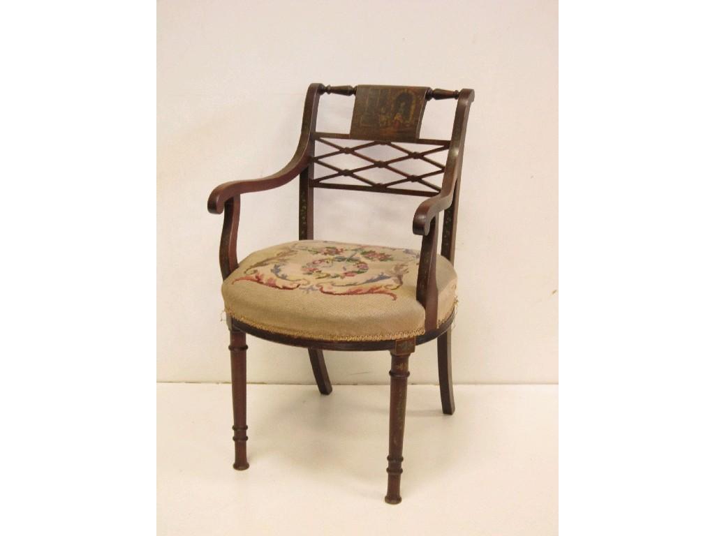 Appraisal: A Sheraton style painted Elbow Chair with panel of figures