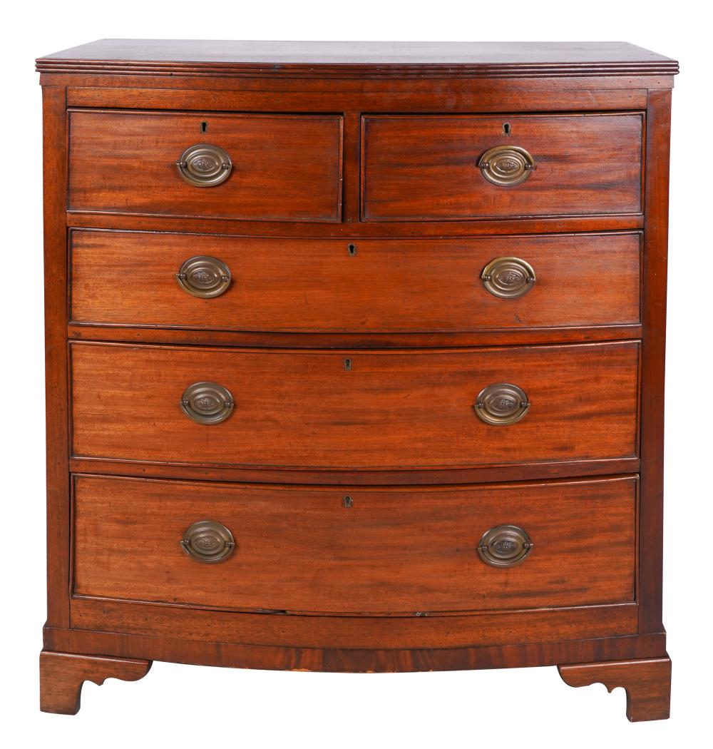 Appraisal: MAHOGANY BOWFRONT CHEST OF DRAWERS th century oak secondary wood