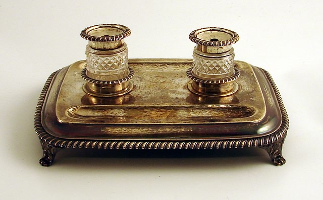 Appraisal: Oblong footed tray with gadrooned border fitted with crystal inkwells