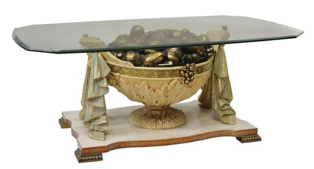 Appraisal: Decorative coffee table th c having beveled glass top above