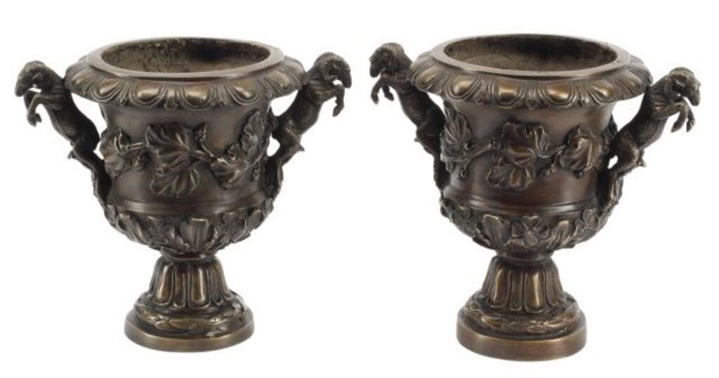 Appraisal: POMPEIIAN STYLE PATINATED BRONZE URNS pair Pompeiian style patinated bronze