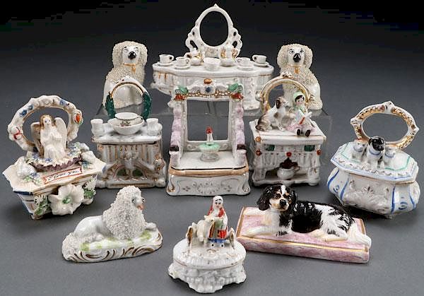 Appraisal: STAFFORDSHIRE TRINKET BOXES AND ANIMALS A COLLECTION OF TEN STAFFORDSHIRE