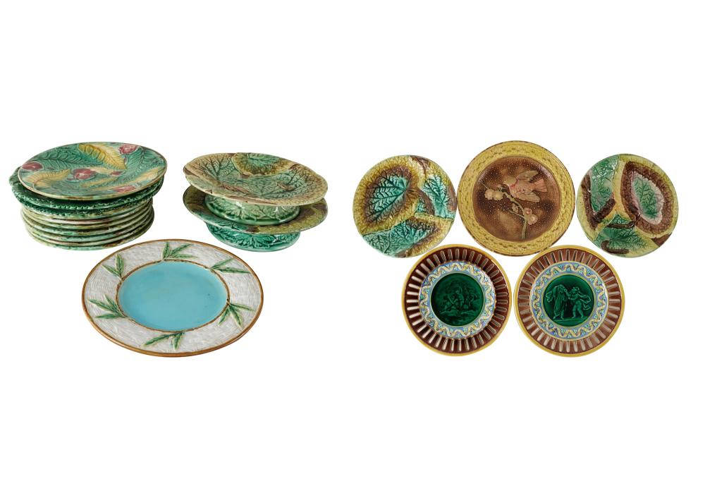 Appraisal: GROUP OF MAJOLICA PLATES COMPOTEScomprising foliate plates each impressed dia