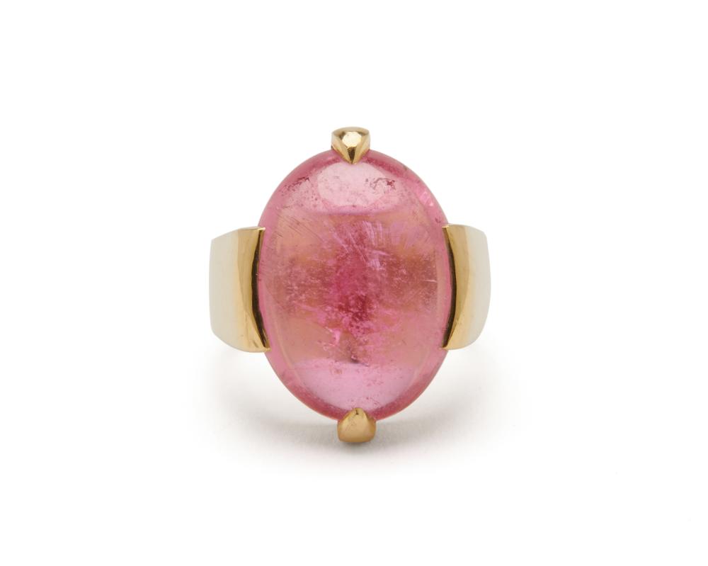 Appraisal: GUMPS K Gold and Tourmaline Ring centering an oval cabochon