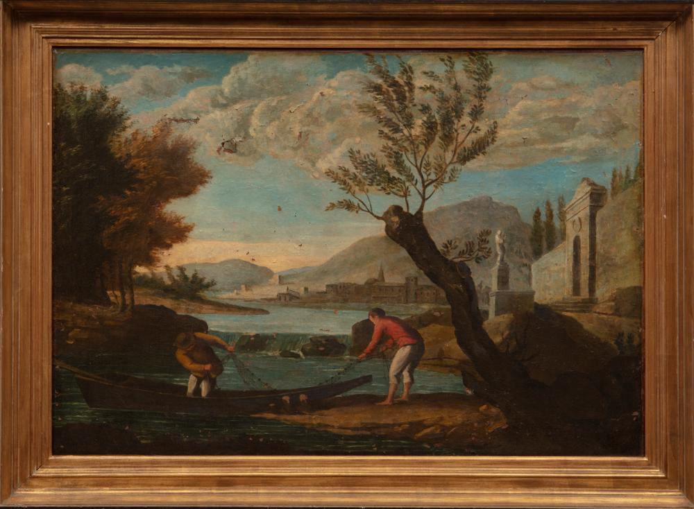 Appraisal: Continental School th c Landscape with Men Casting a Net