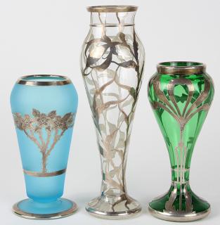 Appraisal: lot of Art Nouveau silvered overlay art glass vase group